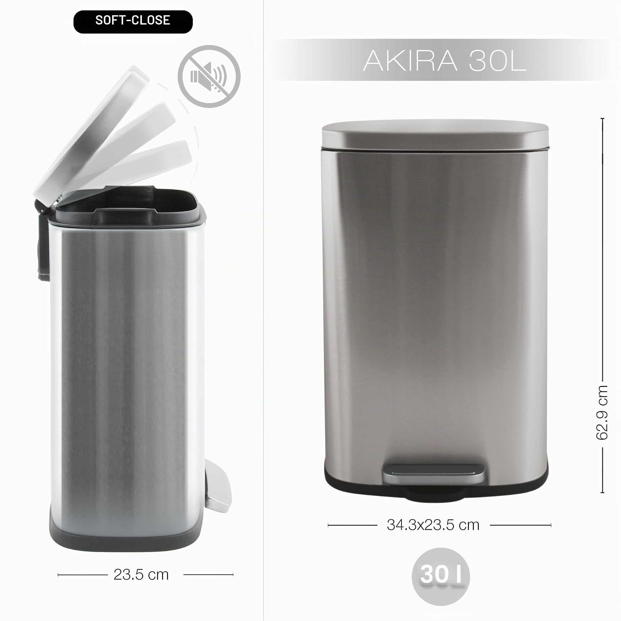 Spirella - Badezimmer Mülleimer mit Fußpedal Modell Akira - Hochwertiger Edelstahl - Leise Schließfunktion Easy-Close - Gebürstetes Metall - 30L - Badaccessoires