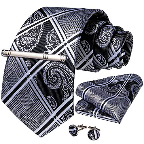 Image of DiBanGu Plaid Ties for Men Silk Checkered Necktie and Pocket Square Cufflinks Tie Clip Set with Gift Box for Wedding Business