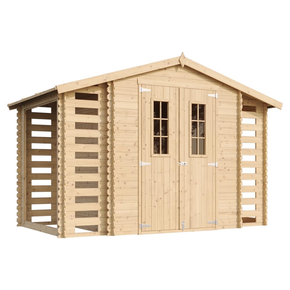 Holzhaus Gartenhaus mit Brennholzschuppen TIMBELA M391C - Gartenschuppen Holz B328xL206xH218 cm/ 3,53 + 0,97 + 0,97 m2 Lagerschuppen für Garten - Fahrrad Schuppen - Wasserfestes Dach