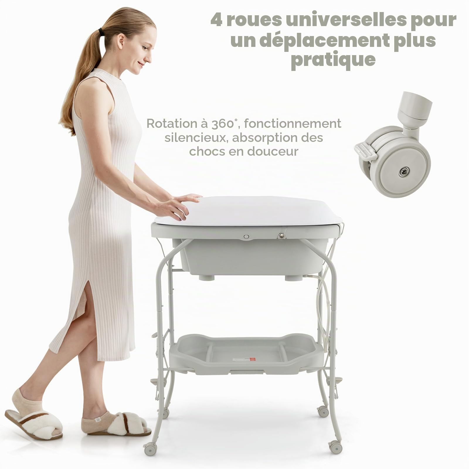 LIFEZEAL Table à Langer Baignoire Pliable PP+PVC, Commode à Langer Bébé avec Etagère de Rangement et Roues Universelles, Tube de Fer, Charge de 35 kg, 0-12 mois (Gris clair)