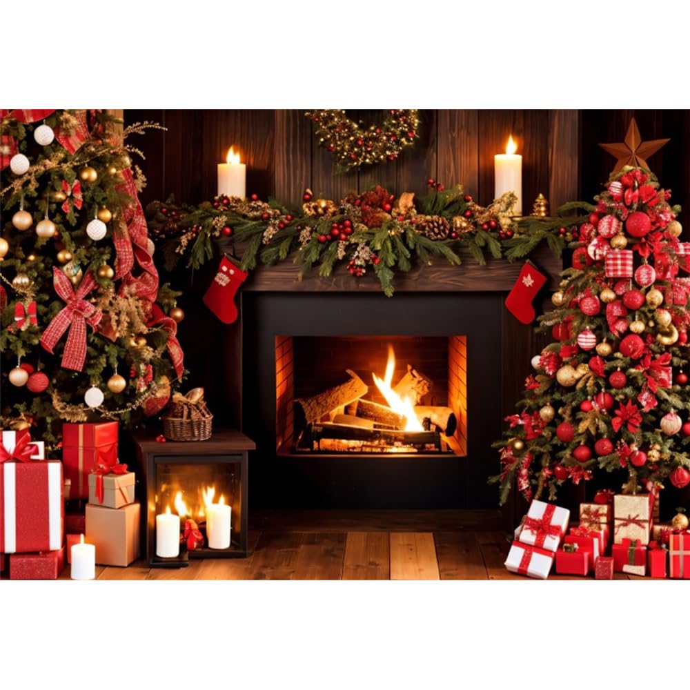 Renaiss 3 x 2,1 m sfondo a tema camino natalizio per fotografia sfondo decorazione camino di Natale alberi di Natale regali calze sfondo festa sfondo decorazione natale camino foto studio puntelli