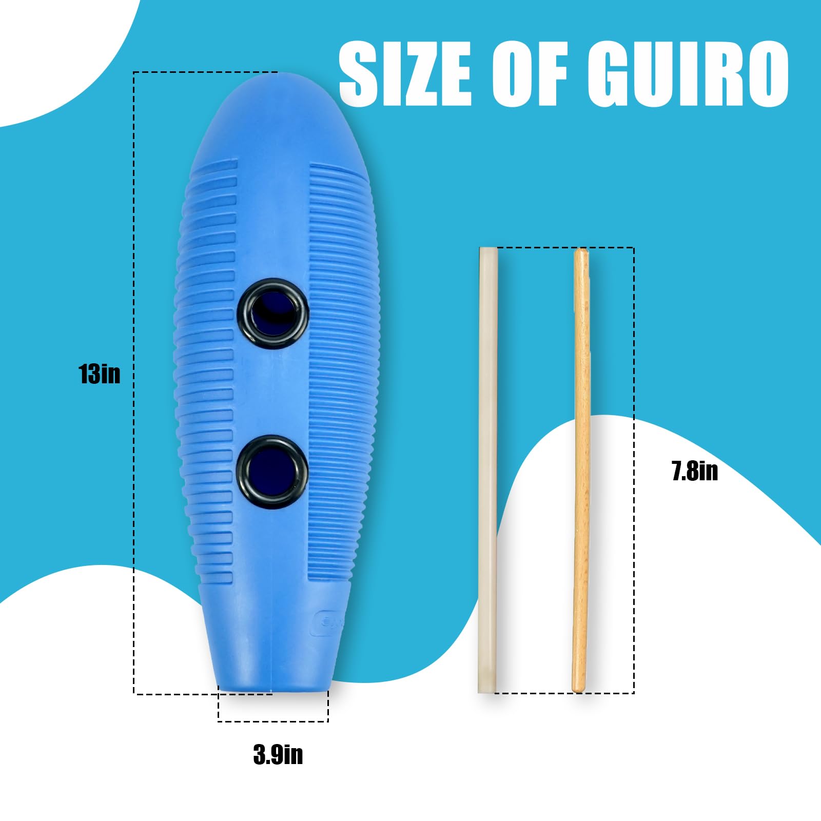 Soulmate Fish Guiro Instrument 3.9" x 13" Latin Percussion with 2 Scrapers, Professional Guiro Shaker for Beginners, Live Performances, and Musical Training, Blue