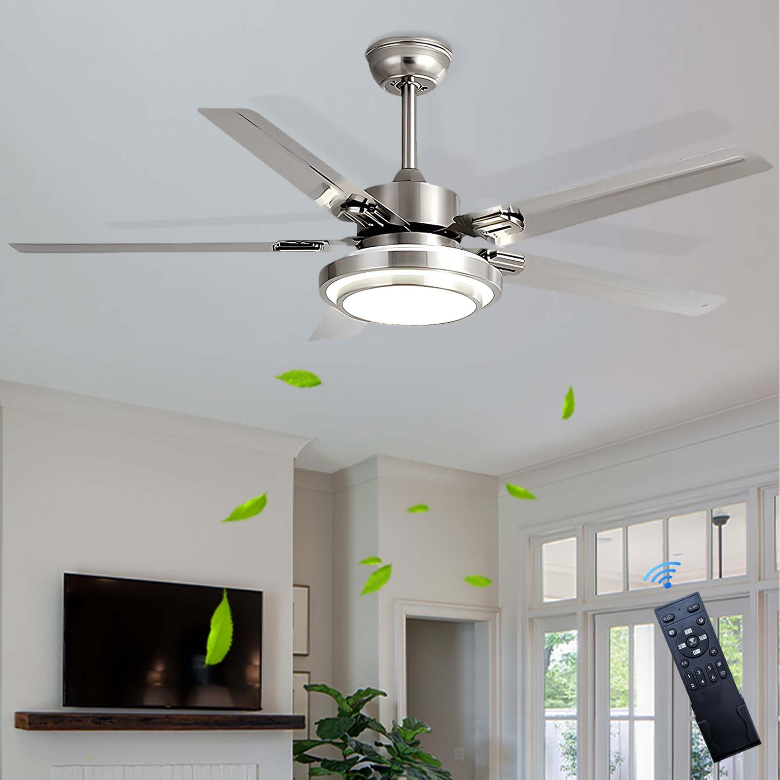 HXYSXHJUO Ceiling Fans with Lights,6 Speeds Dc Motor Reversible ，Quiet Fan Lights for Bedroom Living Room Kitchen-Chrome||52 inches
