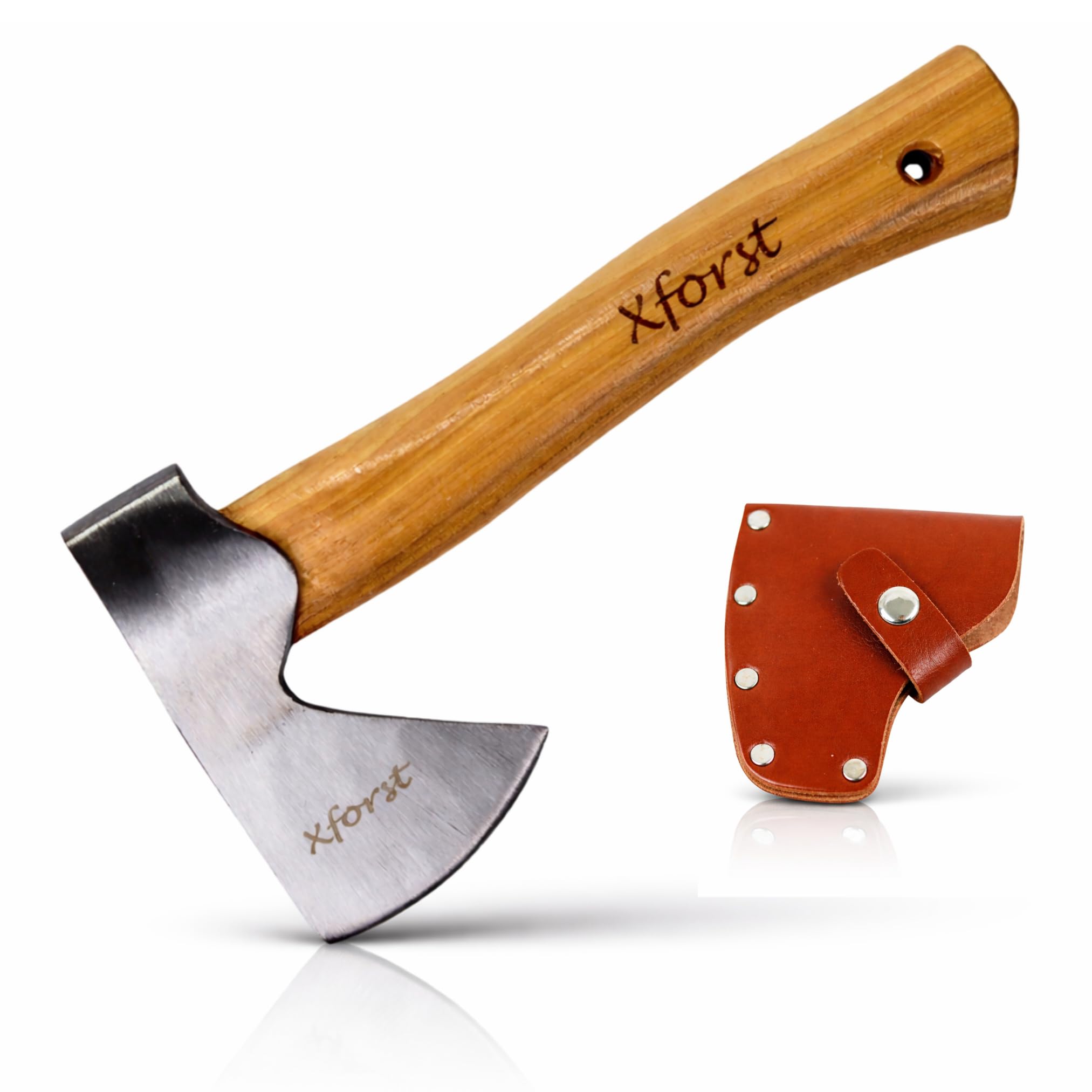 Xforst Hache Viking X-AG1– Hachette de Trekking et Outdoor avec Manche en Bois de Hickory & Étui de Protection en Cuir Véritable – 27 cm – 0,67 kg