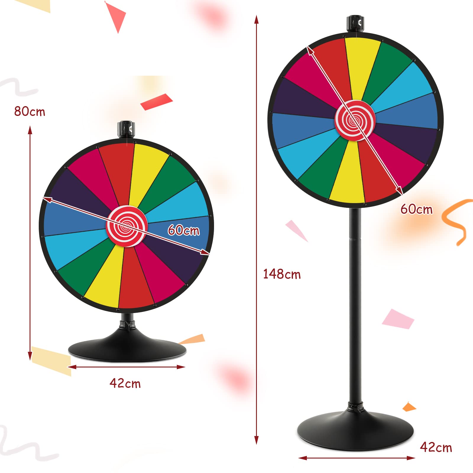 DREAMADE Roue de Fortune Φ 60 CM, Réglable avec 14 Emplacements Personnalisable et Stylo Effaçable Gomme, Roue de Prix avec Base Stable, pour Fêtes, Anniversaires (Base Rond)