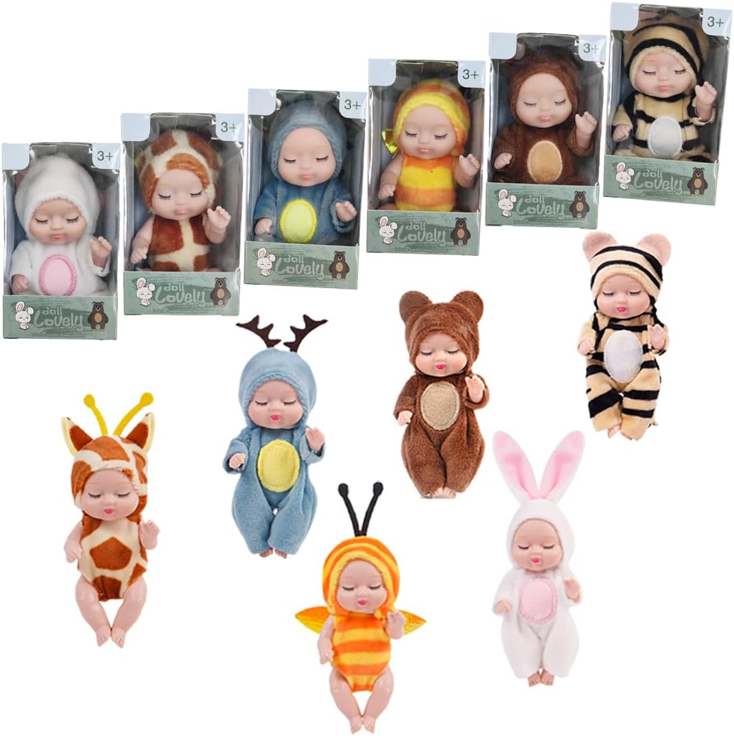 Vueos 6 Pcs 4 Inch Mini Reborn Baby Dolls Toy Set Realistic Baby Doll with Cute Animal Clothes Gifts for Girls Boys Birthday Christmas