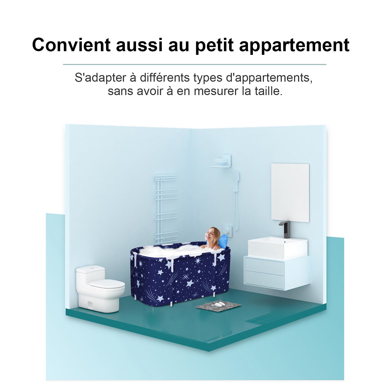Baignoire Pliable Adulte, Grand Antidérapant Baignoires Portable Mobile pour Douche, Pliante SPA Baignoire pour Petite Salle de Bain, Trempage Autoportante Baignoire, 125x55x54cm (Bleu 125cm)