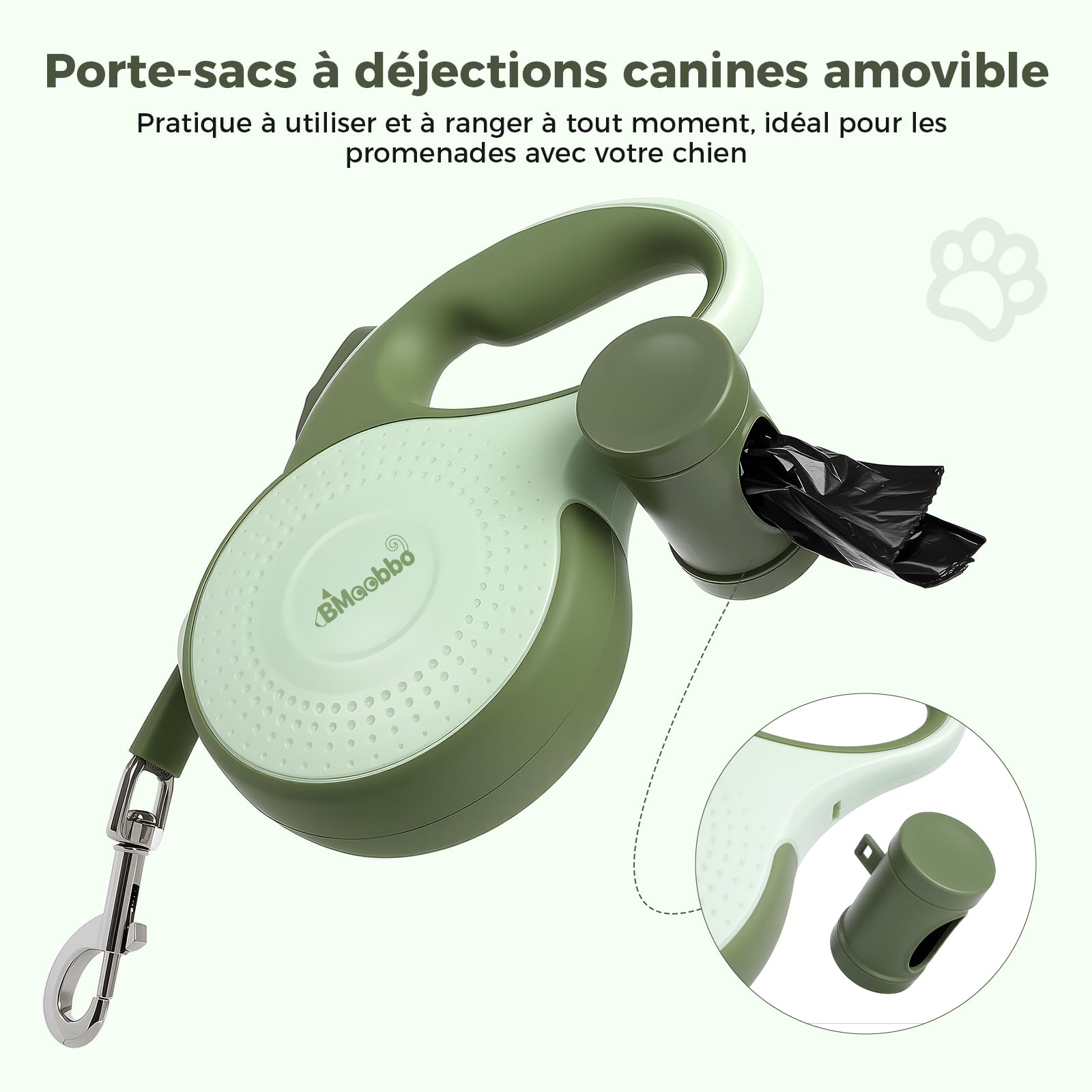 Laisse rétractable pour Chien 8m, Laisse rétractable avec Corde en Acier résistante aux morsures et Support pour Sac à crottes, pour Chiens jusqu'à 35 kg, pour entraînement, forêt, Plage
