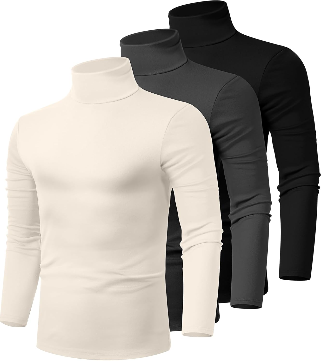 Ficerd 3 Pack Men's Turtleneck Shirts, Long Sleeve Cotton Pullover Sweaters Mock Neck Knitted T-Shirt Basic Slim Fit Tops