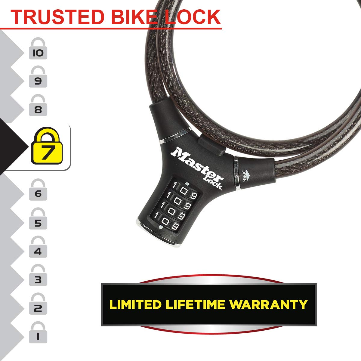 Master Lock 8229EURDPRO MasLucchetto Bici, Combinazione, 1.8 m, Esterno, Ottimo per Proteggere Bicicletta, Skateboard, Passeggino, Falciatore, Attrezzature Sportive, Nero, 90 cm Cavo