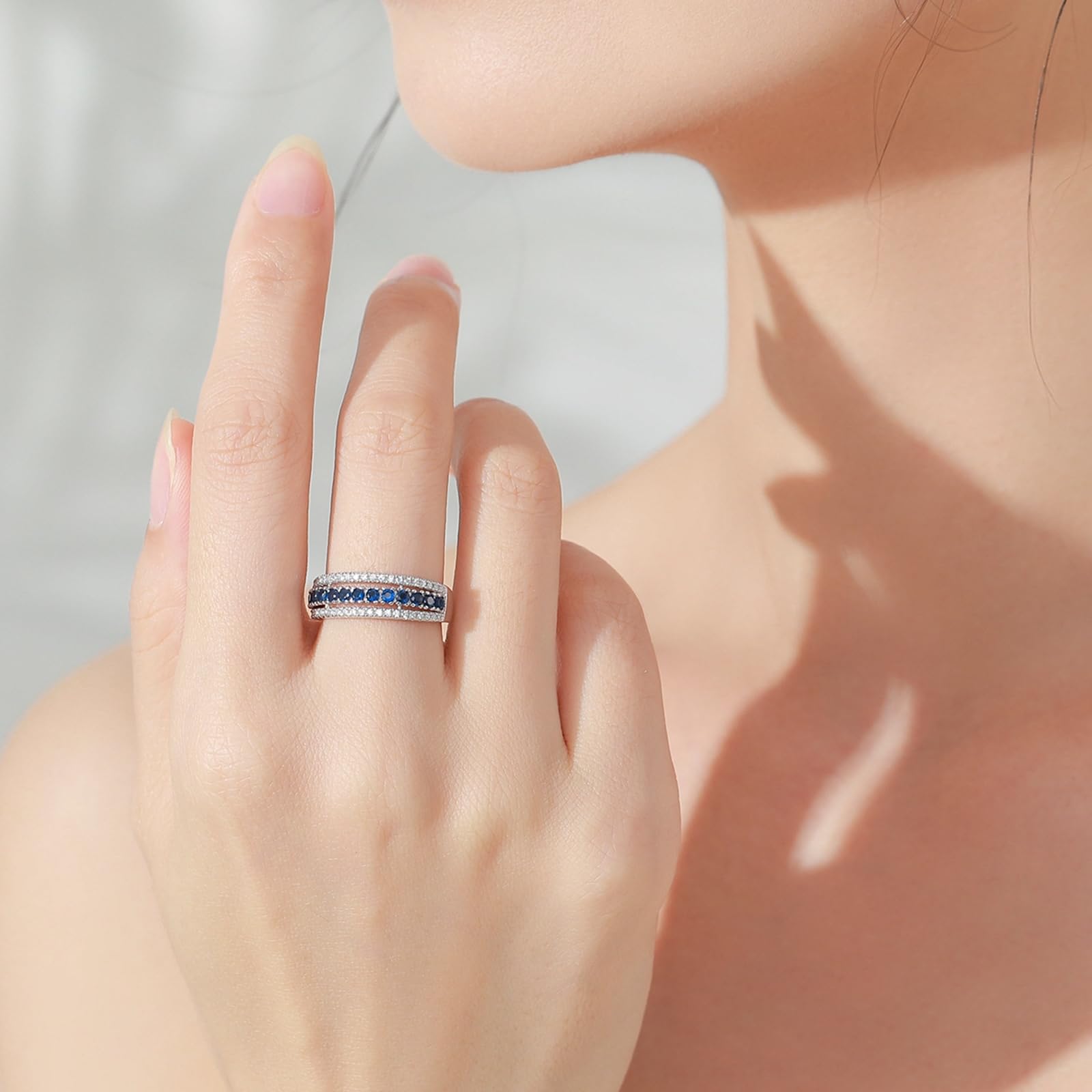 Bague éternité en or blanc 9 carats, bague de fiançailles, bague de fiançailles saphir de laboratoire moissanite bleue