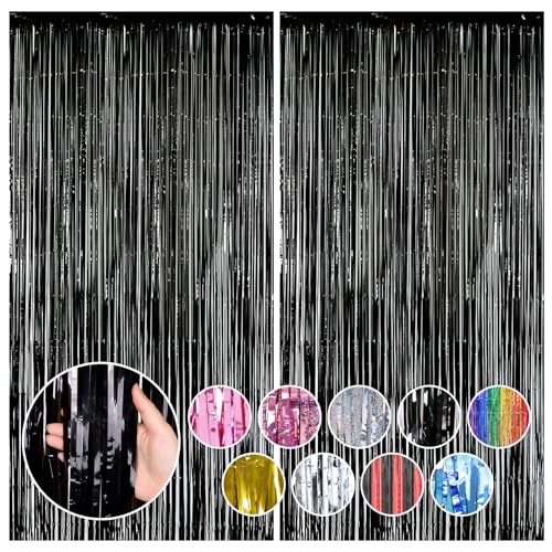Image of RUBFAC 2 Pack Black Backdrop Party Decorations Tinsel Foil Fringe Curtains Photo Booth Streamer for Halloween Party Decorations New Year Bachelorette Wedding Engagement Birthday Holiday Party Supplies