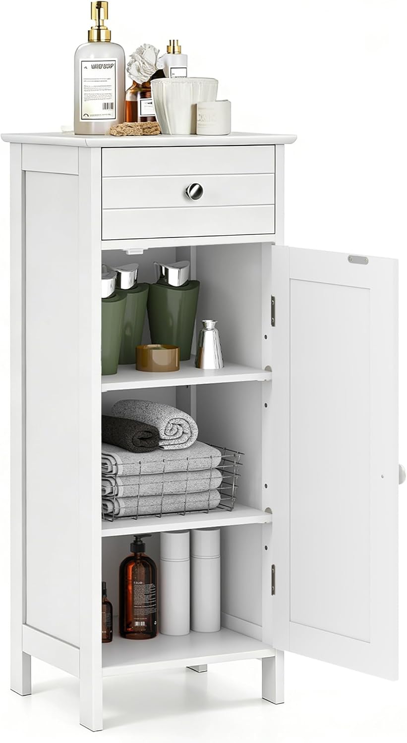 DORTALA Bathroom Floor Cabinet, Free-Standing Wooden Floor Storage Cabinet w/Large Drawer & 2 Adjustable Shelves, Morden Side Storage Bathroom Organizer for Living Room, White