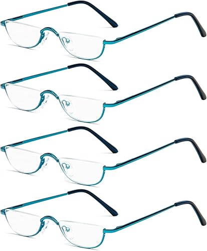 KoKoBin Lentes de media lectura, paquete de 4 lentes con marco de metal de media llanta, lectores de bisagra de resorte con bolsa de cuero para