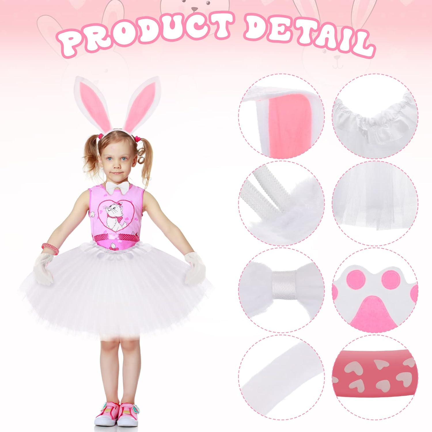 Waydress 7 Pcs Halloween Bunny Costume Accessories Rabbit Ear Headband Nose Tail Bowtie Paws White Tutu Skirt Silicone Heart Rubber Bracelet for Halloween Cosplay Party - Image 7