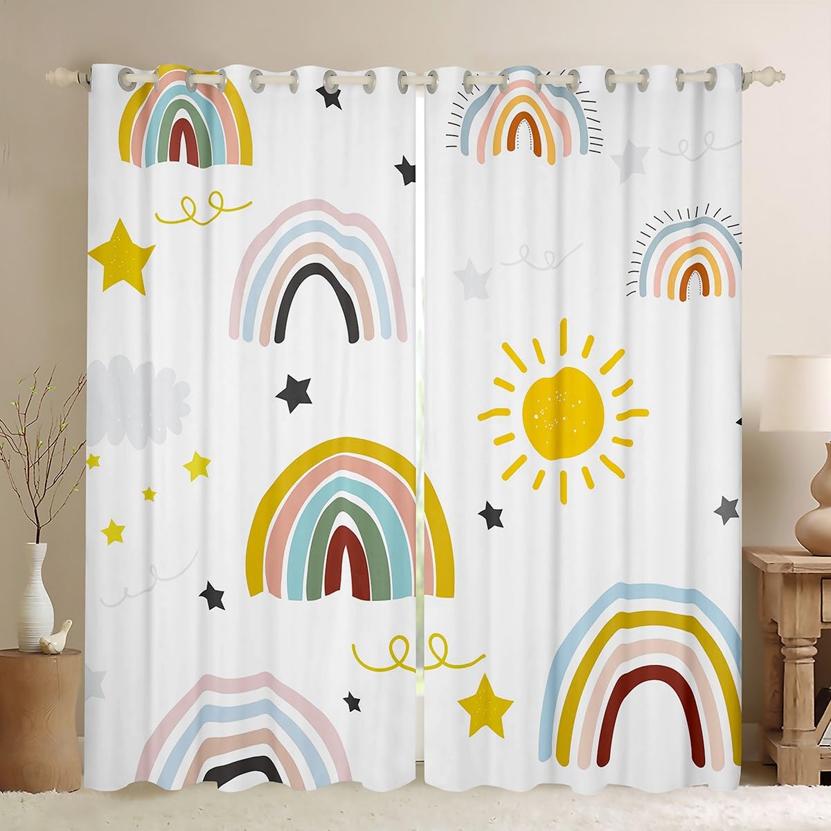 Homewish Rainbow Blackout Curtains, Sun And Stars Curtains Cartoon Rainbow Girly Curtains & Drapes Iridescent Lines Soft Microfiber Window Curtains 46" Wx72 L 2 Panels, Rainbow Gifts For Adults โ image 1