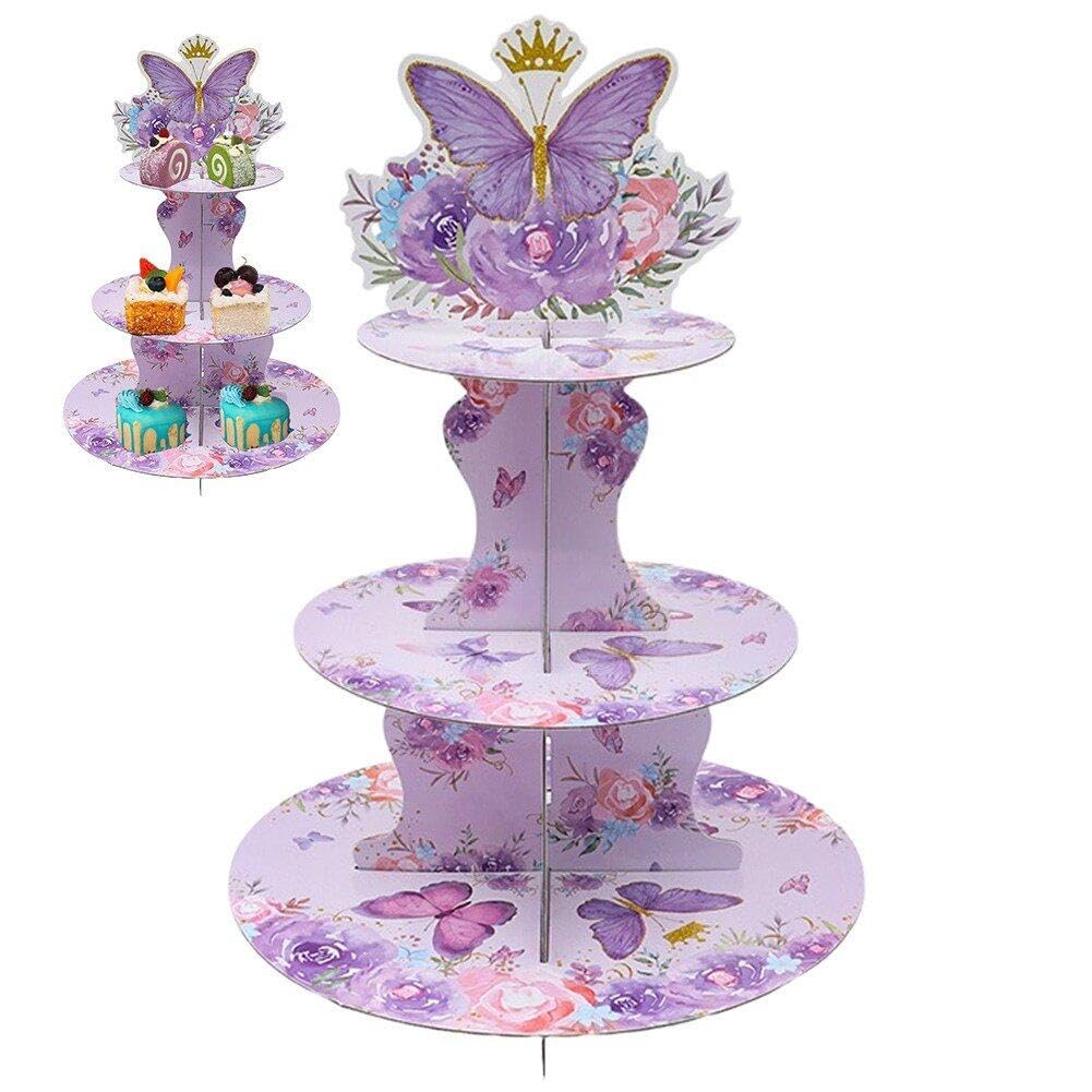 Danlai Butterfly Cupcake Stand Butterfly Birthday Party Supplies 3-tier Round Butterfly Cupcake Stand Purple Cake Stand for Butterfly Theme Party Decorations Baby Shower Wedding