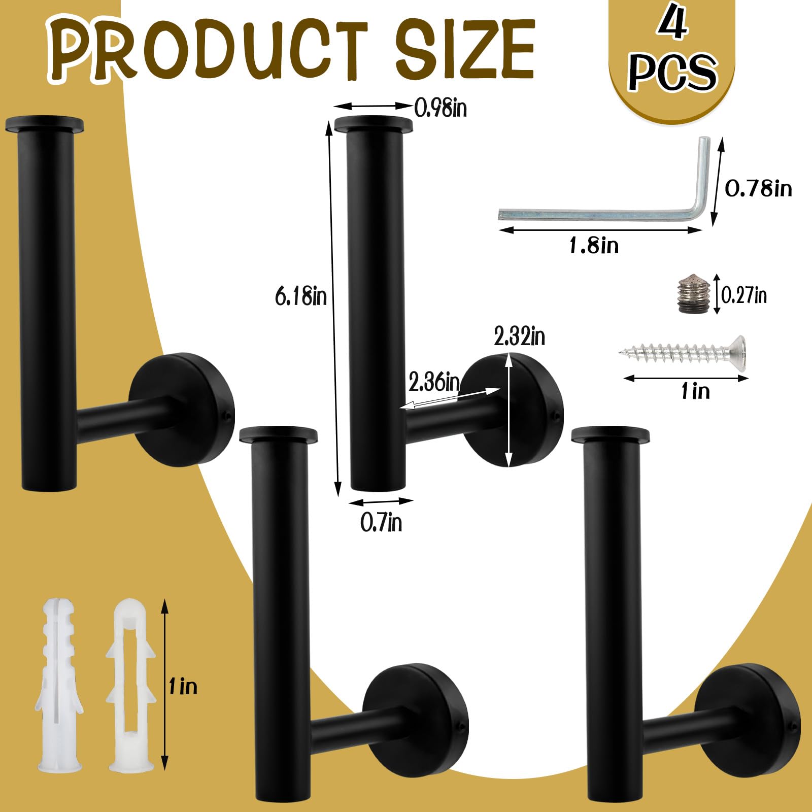 4 Pack Curtain Holdbacks, Metal Curtain Tiebacks, Screw Drilled Curtain Hooks, L-Shaped Curtain Hooks, Drilled Curtain Tiebacks for Home Office Decorative Curtains (Black)