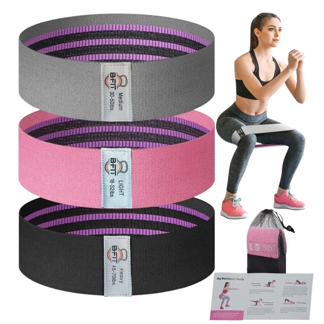 B Fit Resistance Fabric Bands, Exercise Workout for Women and Men, 3 Set of Stretch for Booty Legs, Pilates Flexbands-picture-25