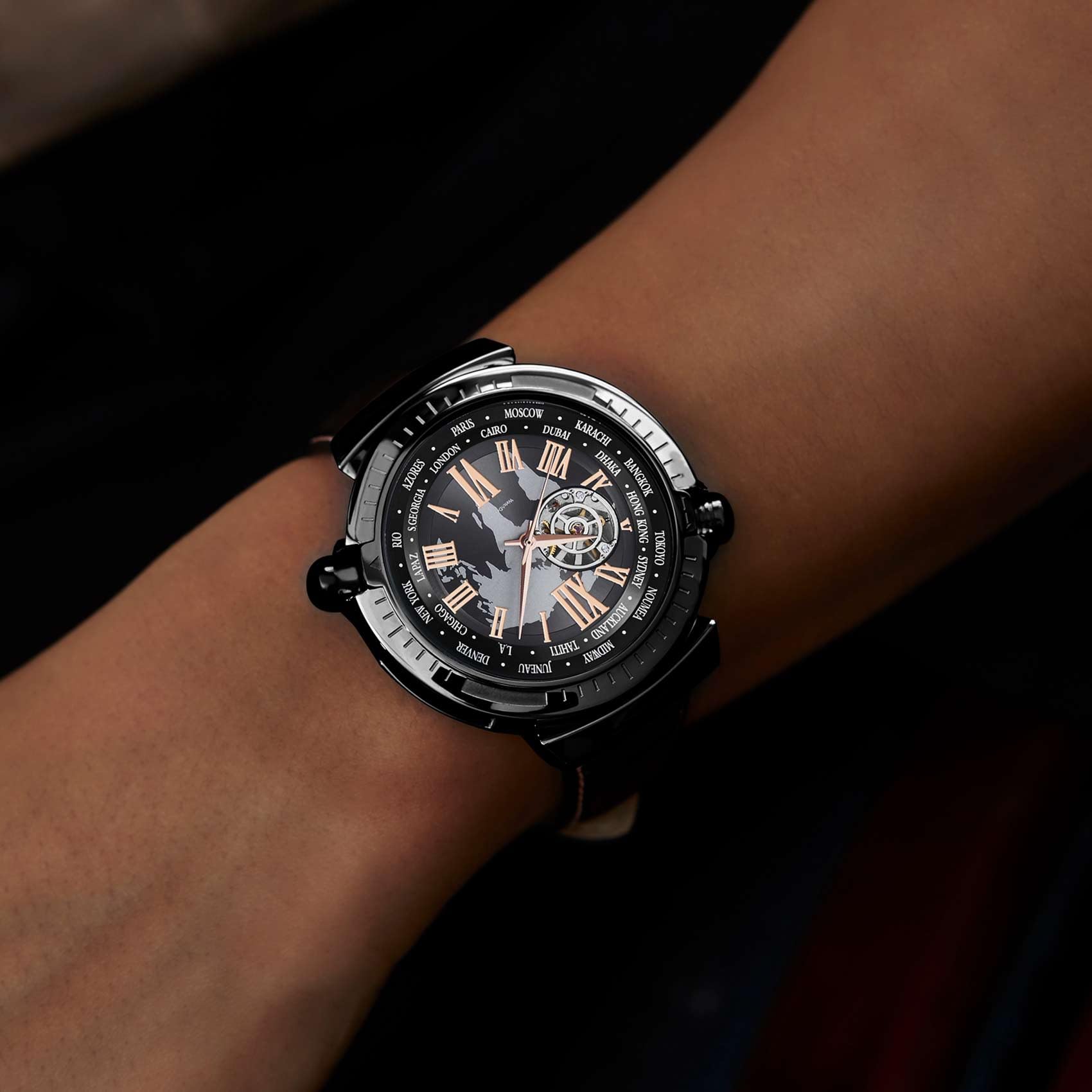 automatik Uhr Herren,Lederarmband 30-100 Meter wasserdicht mechanische Uhr,Vielseitig Mehrfarbig 44-51mm,Geschenk für Herren Uhren automatikuhren,Schwarz | Lederarmband, wasserabweisend, Weltzeit-Zifferblatt, selbstaufziehend, Skelett-Uhren für Herren (ke