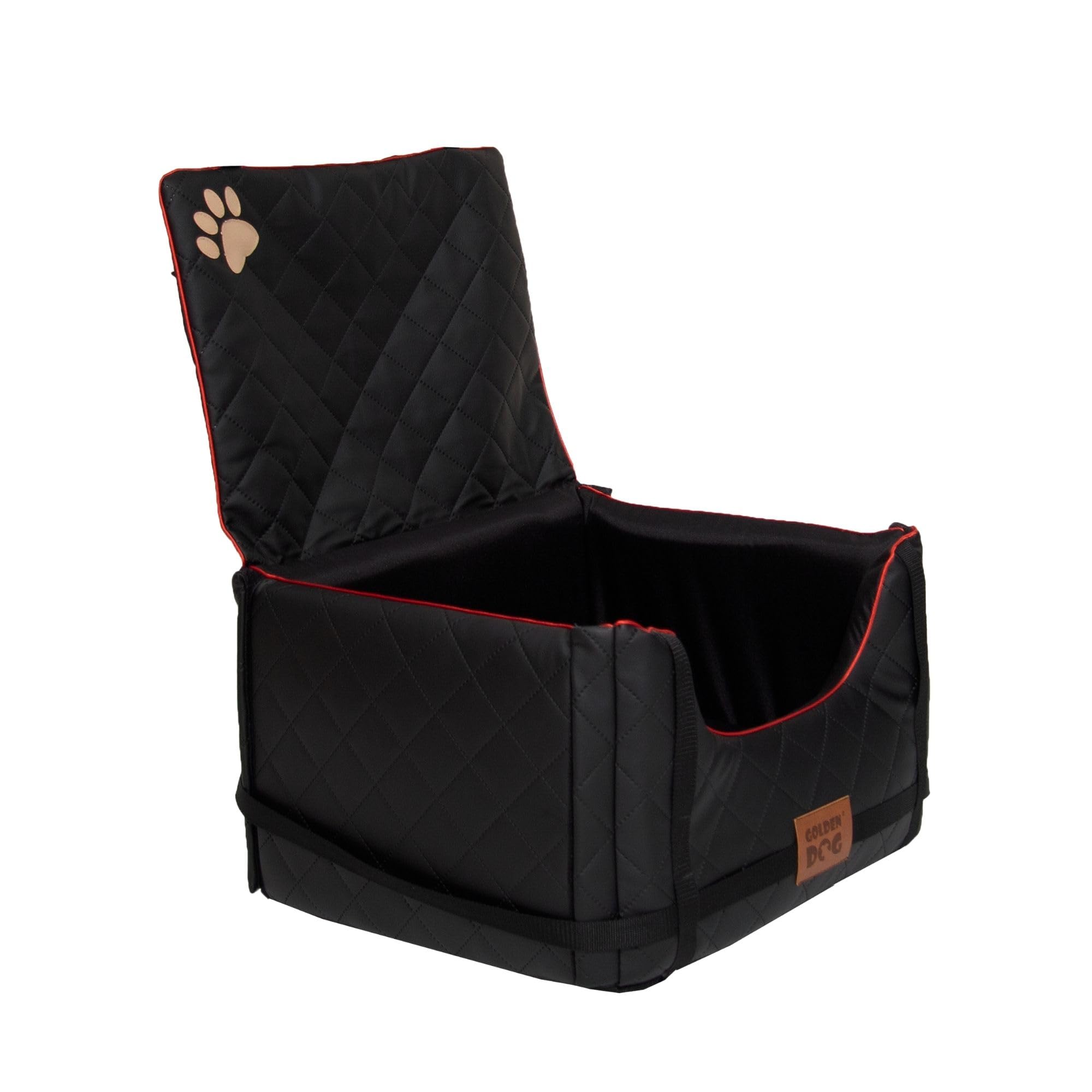 Golden Dog - Transportbox Hund mit Sicherheitsgurt L-65x53x27 cm - Leder Imitation Autositz Hund, Wasserdicht Hundesitz Auto - Beifahrersitz Hundebox Faltbar - Anschnallgurt Hundekorb Auto,Schwarz