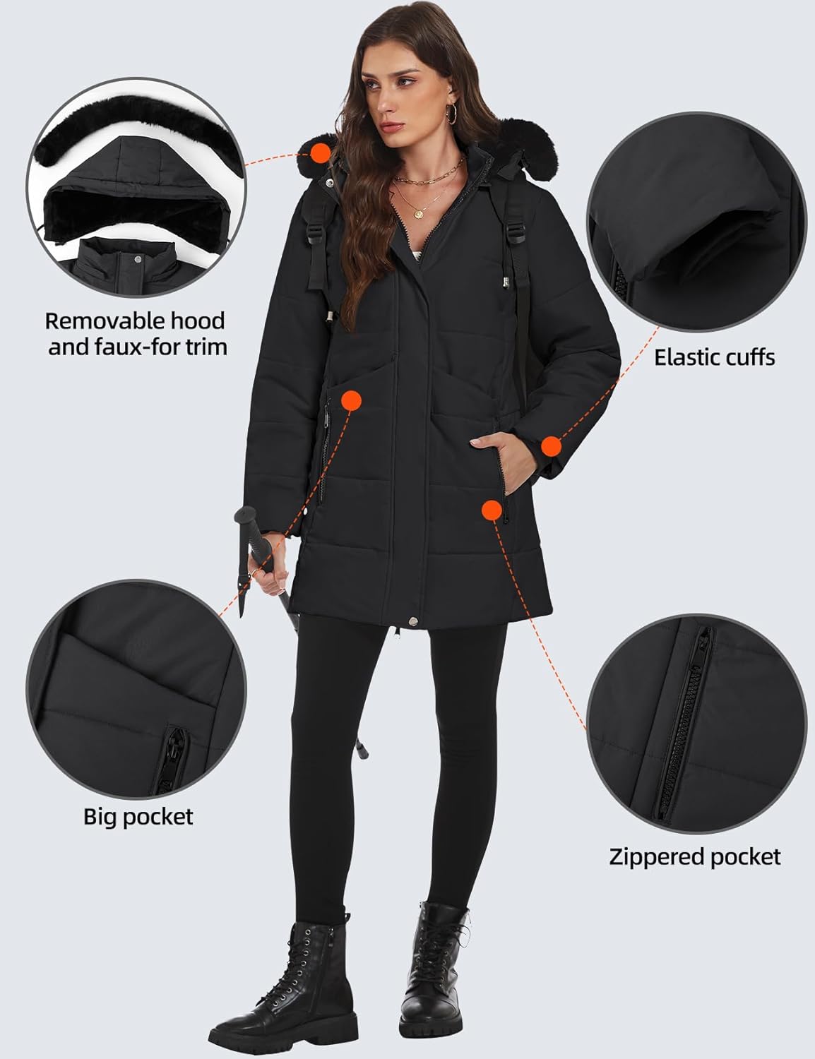 Gihuo Women's Winter Warm Puffer Coat Quilted Long Parka Jacket with Removable Hood - Image 6