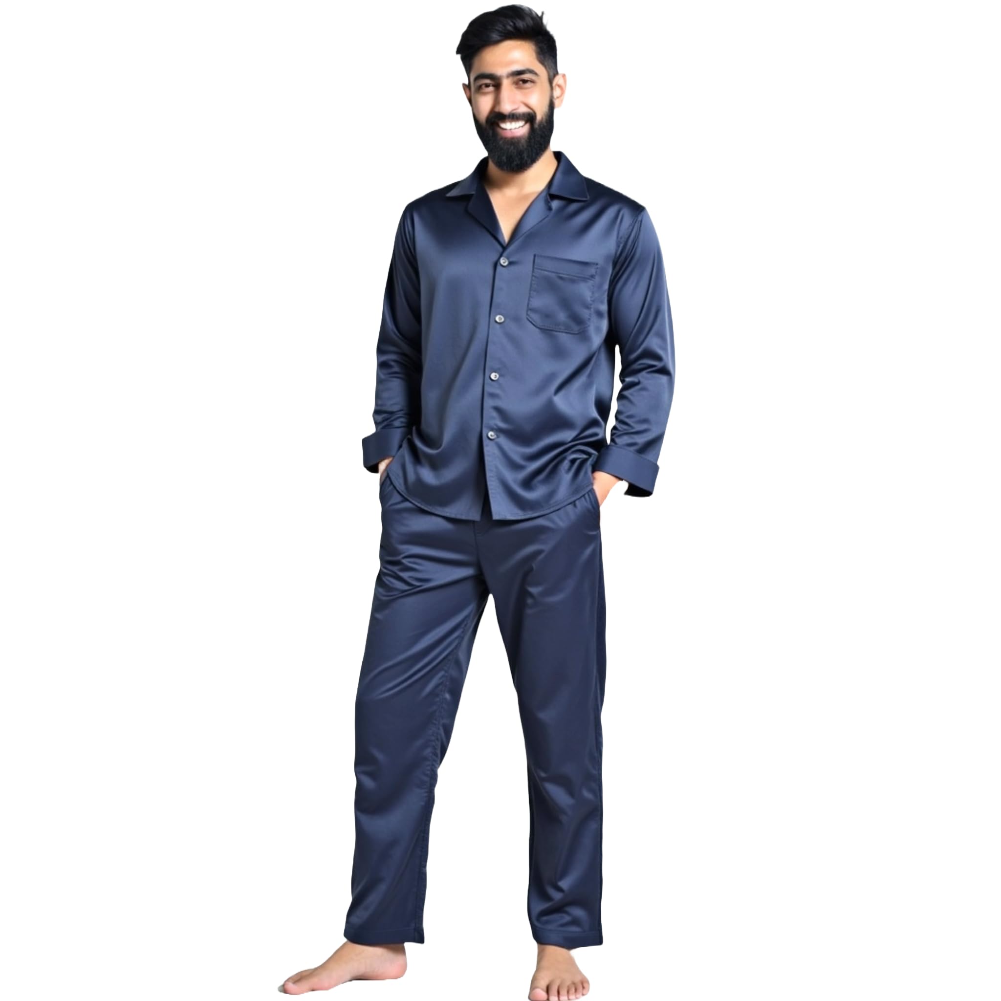 Men's Silk Pajama Set – Navy Blue Full Sleeve Nightwear – Soft, Breathable & Stylish Premium Sleepwear