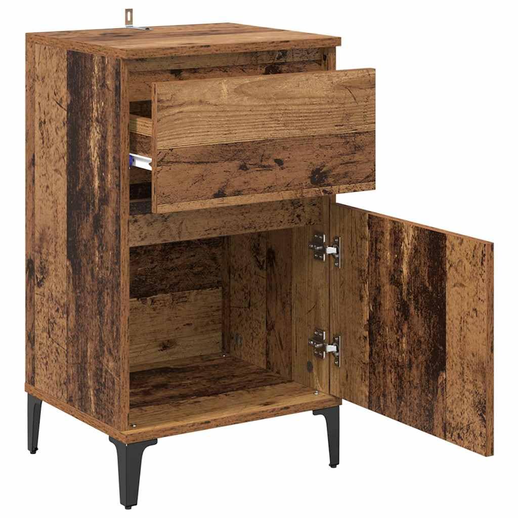 Juego de 2 mesitas auxiliares de madera con aspecto de madera envejecida | Mesas auxiliares compactas para el dormitorio con patas de acero resistentes y práctico cajón de diseño industrial.