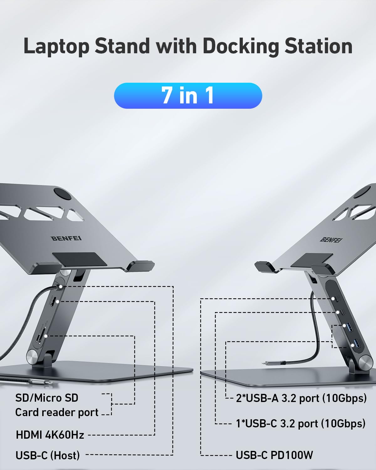 BENFEI Support pour ordinateur portable avec Station d'accueil USB C 7en1, HDMI 4K@60Hz, 100W PD, 10Gbps USB C 3.2 & USB A 3.2 Compatible MacBook Pro Air iPad Pro XPS Thinkpad