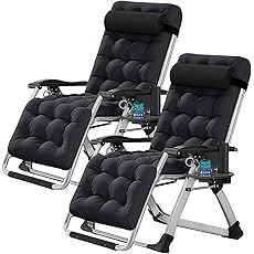 Oversized Zero Gravity Chair, Lawn Recliner, Reclining Patio Lounger Chair, Folding Portable Chaise, with Detachable Soft Cushion, Cup Holder, Adjustable Headrest, Support 500 lbs. (Black Cushion)