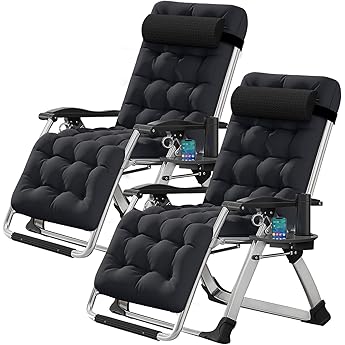 Oversized Zero Gravity Chair, Lawn Recliner, Reclining Patio Lounger Chair, Folding Portable Chaise, with Detachable Soft Cushion, Cup Holder, Adjustable Headrest, Support 500 lbs. (Black Cushion)