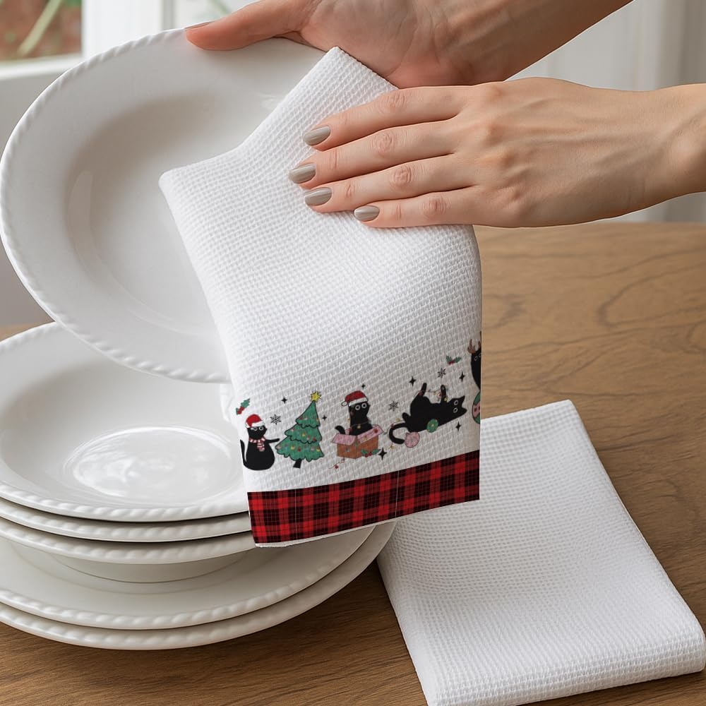 Funny Christmas Black Cats Kitchen Towel Gifts for Women Cat Mom Lover Lady,Cats Dish Towels Baking Cooking Drying Cloth,Cute Hand Towel for Bathroom,Cat Themed Christmas Home Decoration Gifts-22 image 4