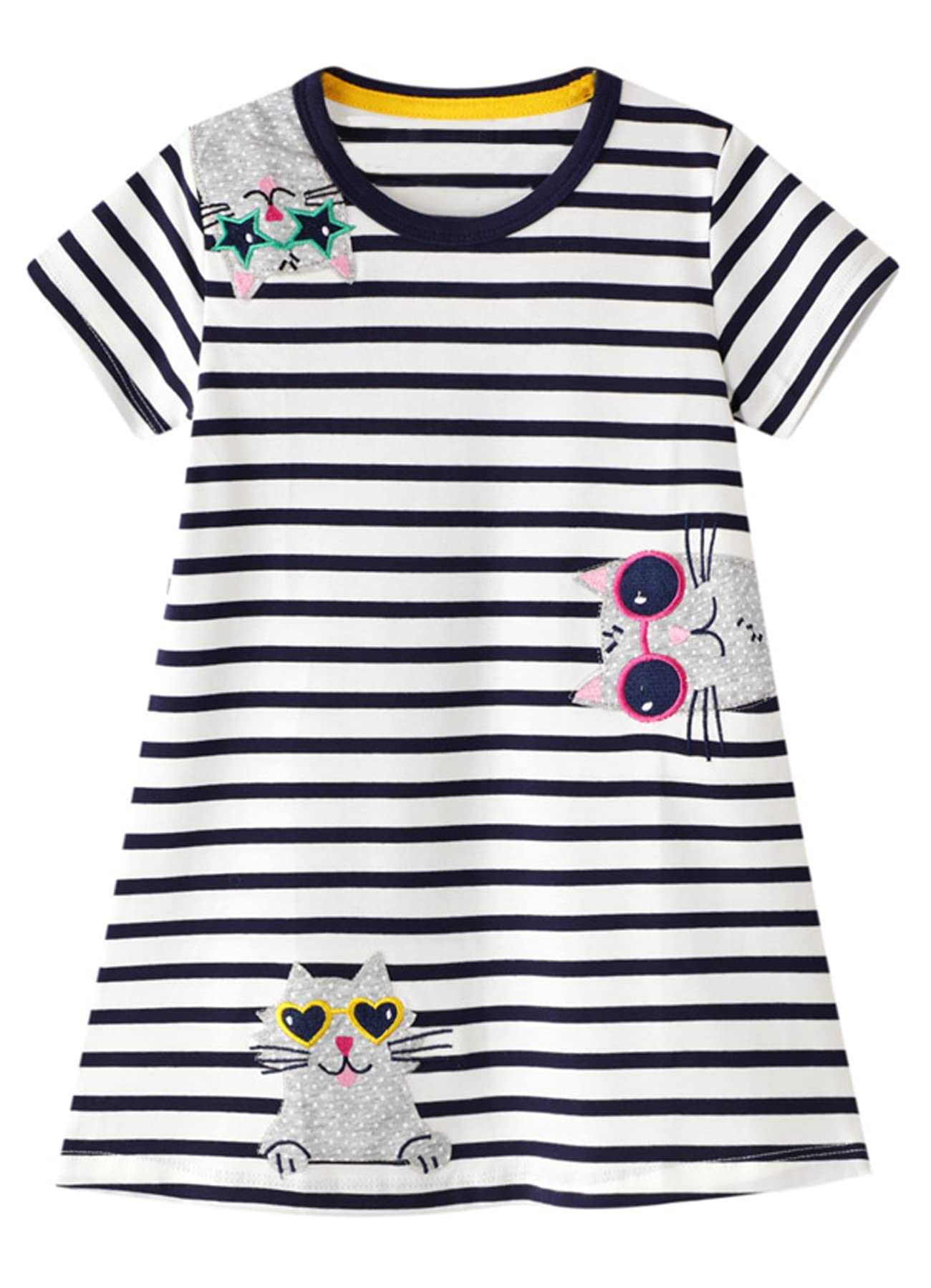 Youlebao Girls Cotton Long Sleeve Casual Cartoon Appliques Striped Jersey Dresses