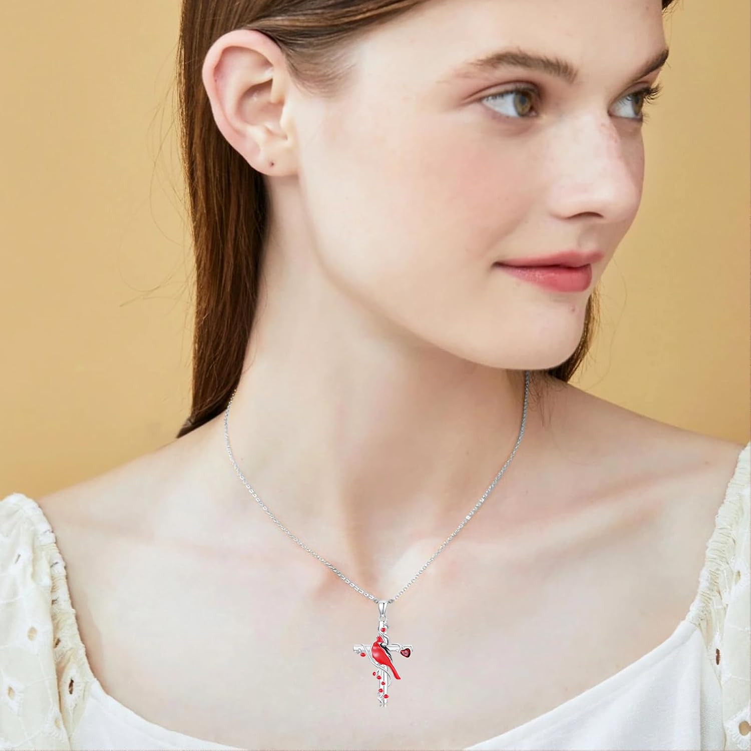 Natural Garnet Cardinal Cross Necklace 925 Sterling Silver Red Bird Cardinal Religious Cross Pendant for Women I am Always With You Memorial Jewelry Gift for Anniversary - Image 4