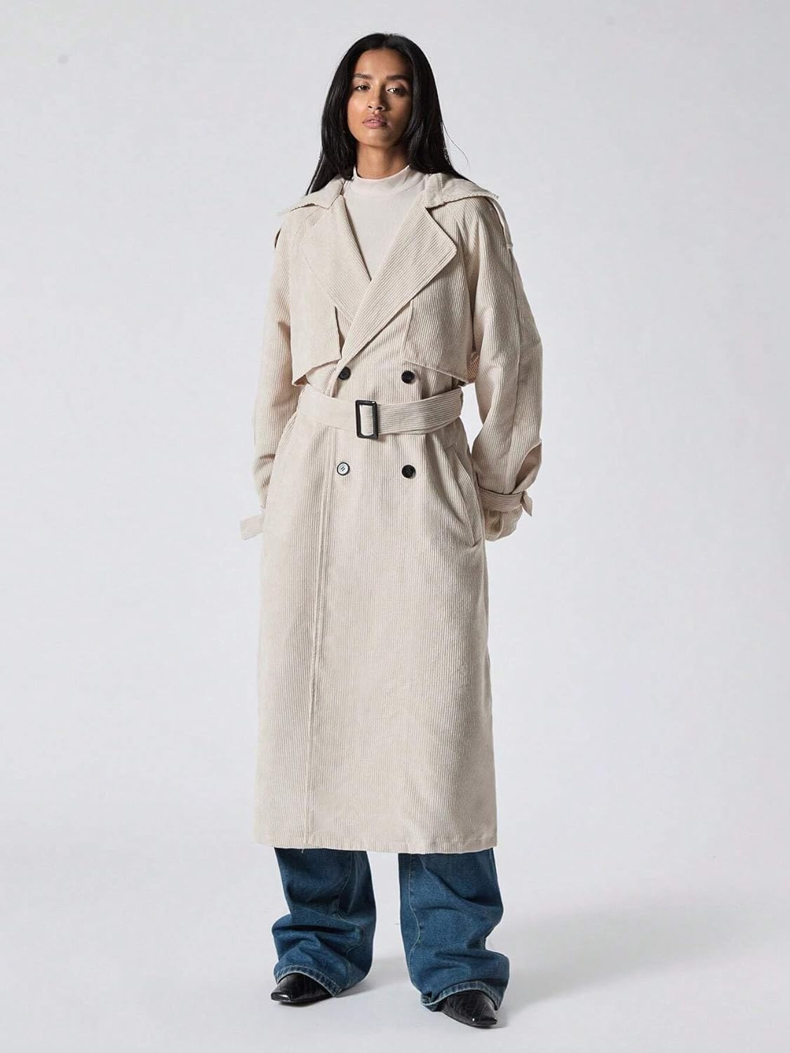 Womens Fashion Trench Outwear Double Button Belted Casual Long Sleeve Trench Coat Jacket Coat