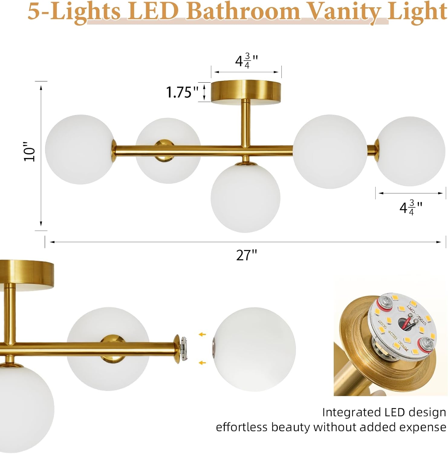 LED Bathroom Vanity Light Fixtures: Modern Gold Brushed Brass 5 Lights Wall Sconce Lighting - Dimmable Vanity Light with Milk White Globe Bubble Glass Shade - Mid century Bathroom Lights over Mirror