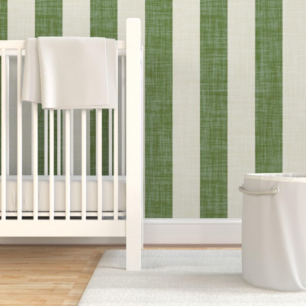 Spoonflower Removable Wallpaper Swatch - Preppy Traditional Grandmillennial Stripe Wide Green Beige Linen Look Faux Texture Bold Minimalism Custom Pre-Pasted Wallpaper