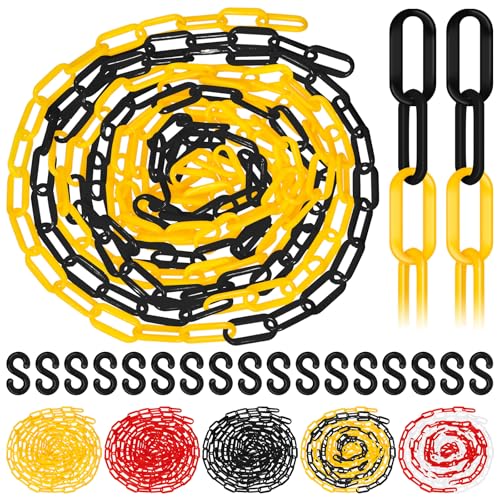 Glarks 21pcs 5M x 6mm Plastic Chain Barrier with S Hooks, Yellow-black Plastic Chain Links, Safety Barrier Chain, Weatherproof Plastic Safety Chain for Crowd Control, Queue Line, Parking
