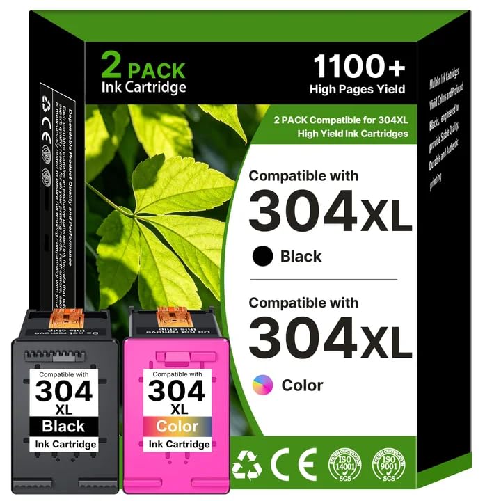 SHEENGO 304XL Ink Cartridges Combo Pack Compatible for HP 304 304XL Ink Cartridges Black and Colour Compatible with HP Envy 5010 5020 5032 5030 5000 DeskJet 3760 3762 2600 2620 2630 2633 3720 (2 Pack)