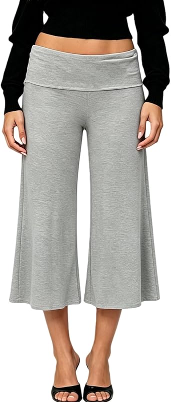 FOMOYUU Gaucho Pants for Women Fold Over Flowy Low Rise Wide Leg Capri Pants Casual Stretch Cropped Pant
