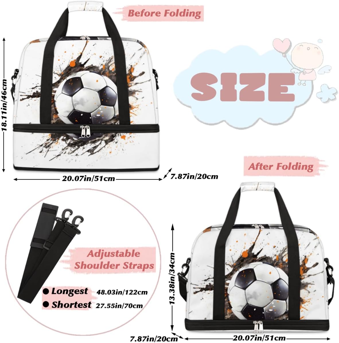 QsirBC Fun Soccer Texture Gym Bag for Women Duffle Tote with Shoes Compartment Men Weekender Duffel for Dance Travel Sports Swimming Overnight