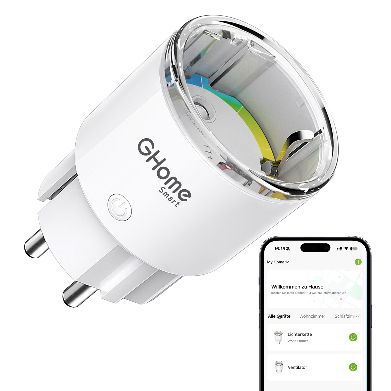 GHome Smart GHome Smart Mini Enchufe Inteligente WIFI, Enchufe Programable WIFI Control Remoto por APP, Certificado TÜV, Alexa Plug con Monitor de Energía/Temporización, Compatible con Alexa y Google Home, Blanco