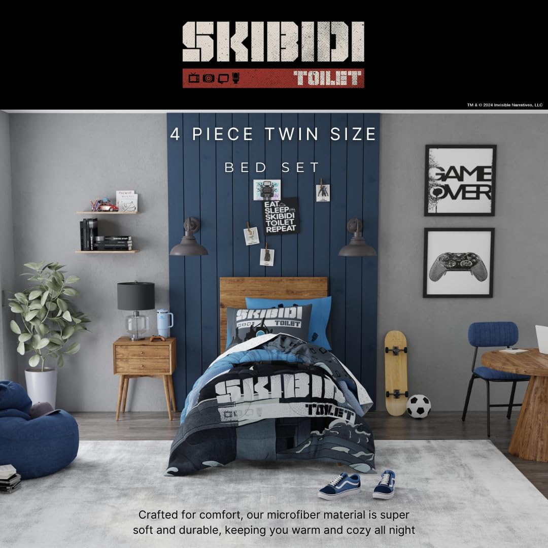 Skibidi Toilet Gamer Bedding 4 Piece Super Soft Reversible Comforter and Sheet Set, Twin, (Officially Licensed Product) By Franco