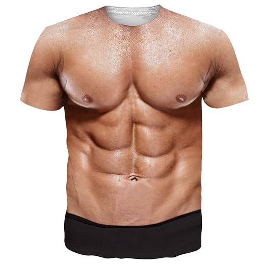 Goodstoworld Unisex 3D Fake Abs T Shirts Shredded Chest Printed Short Sleeve Costume Novelty Tees Shirt