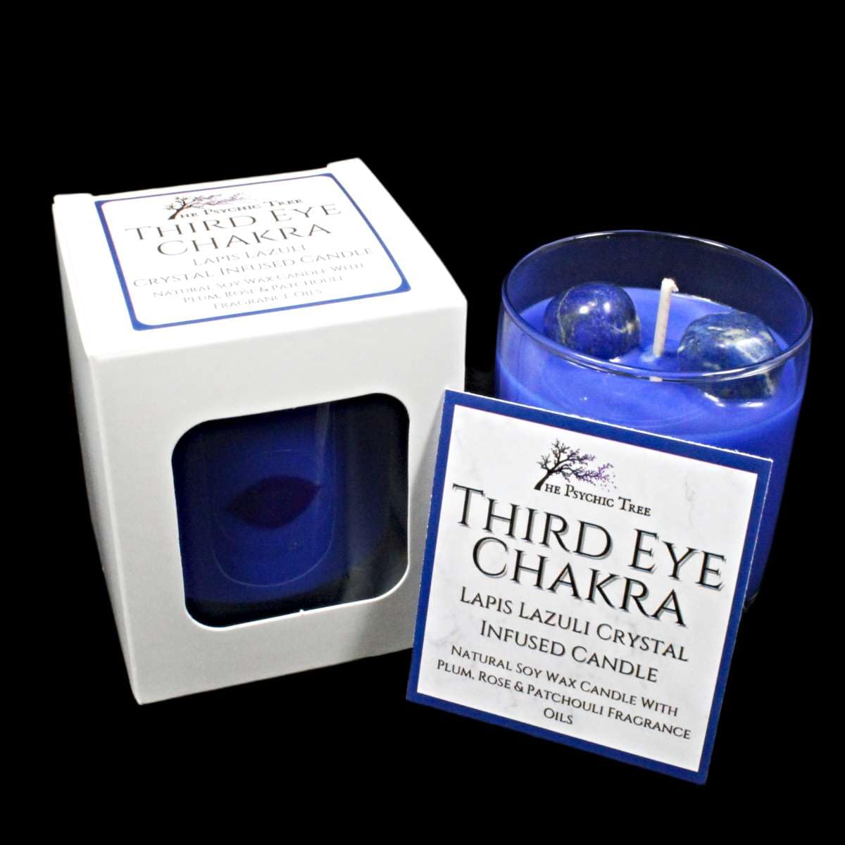 Third Eye Chakra - Crystal Infused Scented Candle Infused with Lapis Lazuli Healing Crystals, and is Scented with Plum, Rose & Patchouli Fragrance Oils.