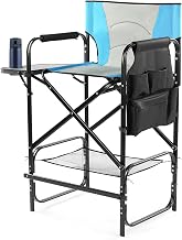 BIVVI 31" Tall Directors Chairs Foldable Camping Chairs with Side Table, Cup Holder and Pockets, Bar Height Portable Makeup Artist Outdoor Sports Chair, 265 lbs Capacity (Blue)