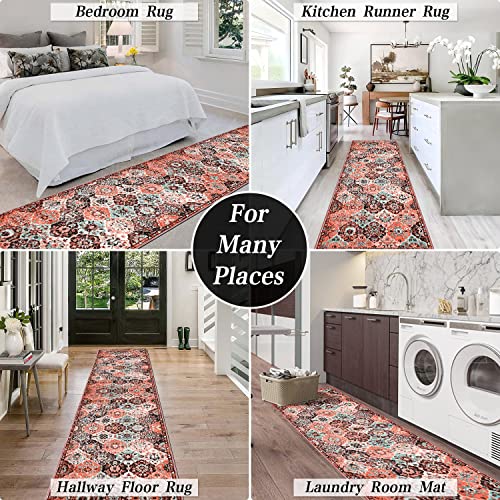 Boho Hallway Runner Rug 10Ft - Non-Slip Washable Hallway Runner Rug, Distressed Vintage Faux Wool Soft Fuzzy Rug, Long Ultra Soft Kitchen Runner Rug, Boho Chic Floral Medallion Design (Red, 2X10Ft) #TOP2