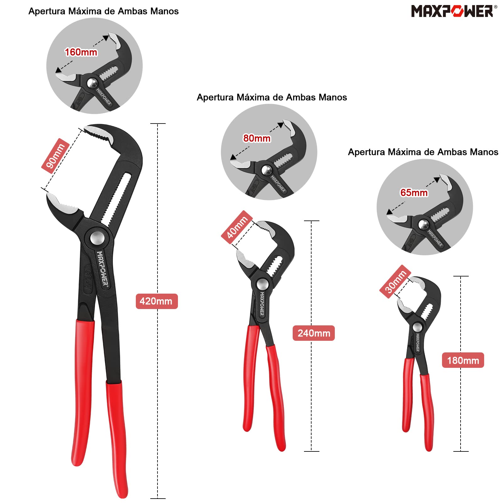 MAXPOWER Juego de 3 Alicates Extensibles, Juego de Picos de Loro Ajustable Lengüeta y Ranura Alicate Para Bomba de Agua Industriales de Apertura Múltiple (175mm/240mm/415mm)