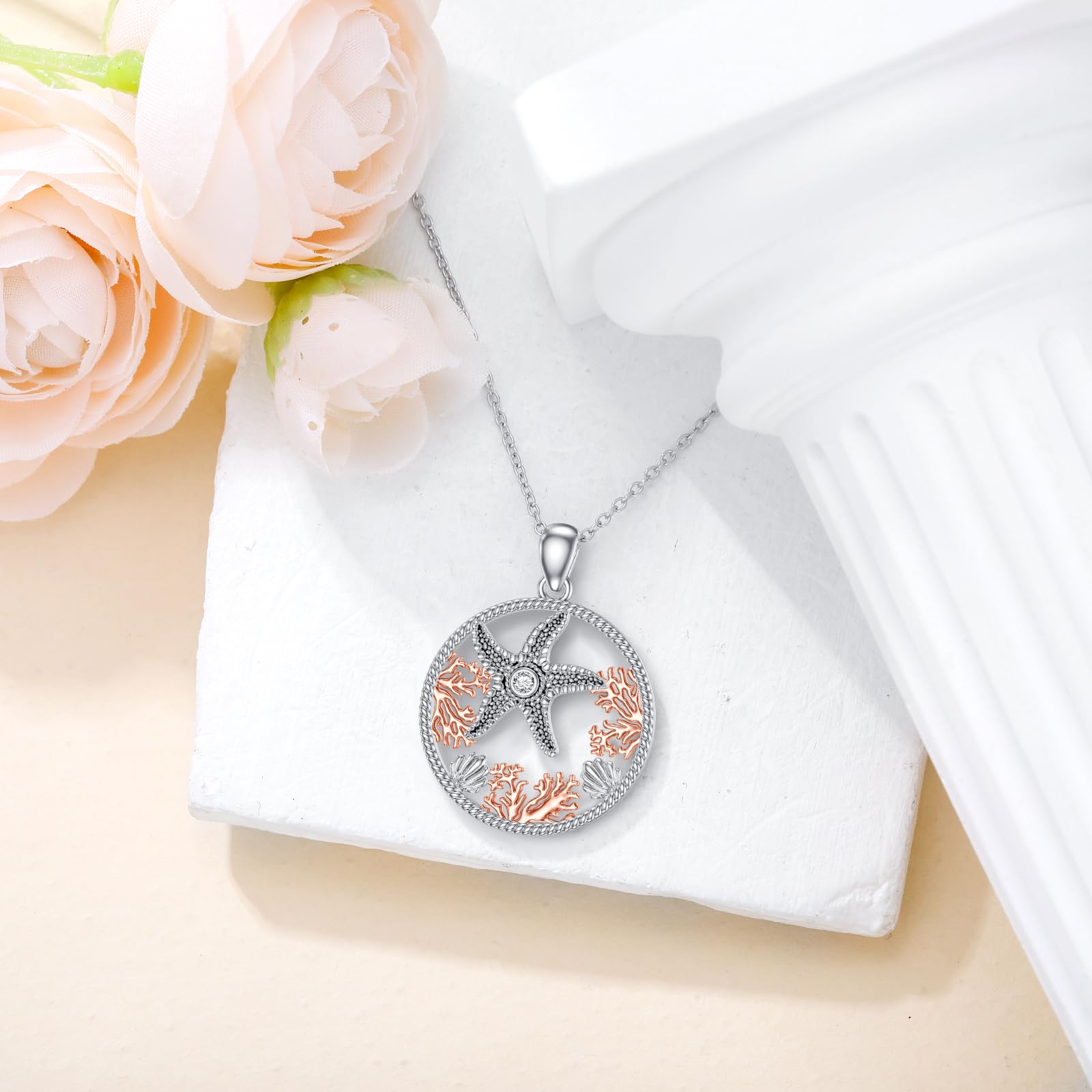Collar de estrella de mar con diamantes de plata de ley 925 cultivados en laboratorio, colgante de vida marina, joyería de animales oceánicos, regalos para mujeres, Plata esterlina, Diamante