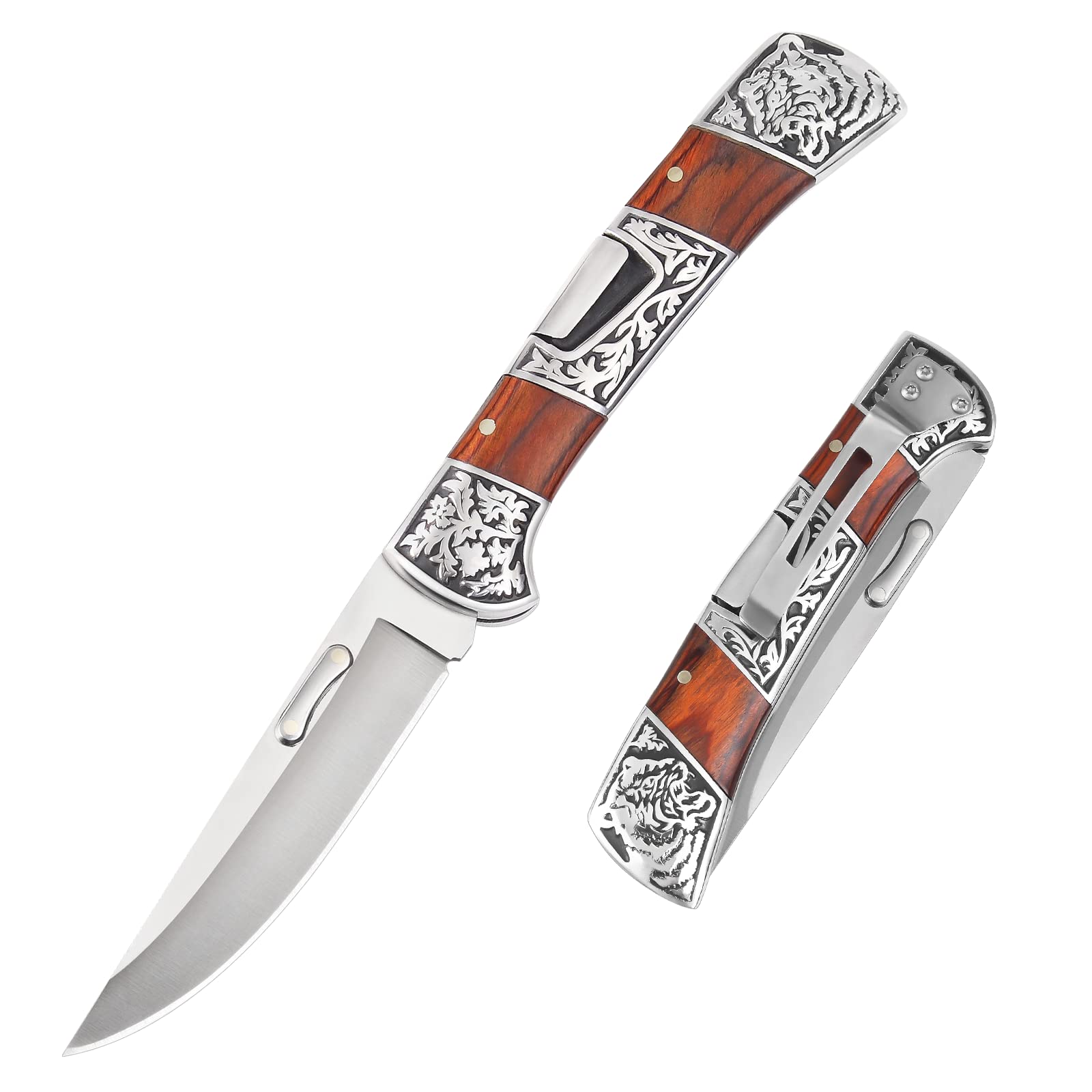 Tops Home EDC Pocket Knife for Men, Folding Knife with Clip, Gentleman's Knife with Steel Carving Wood Handle, Outdoor Knives for Men, Camping Hunting Fishing Hiking Ideal Gift for Men